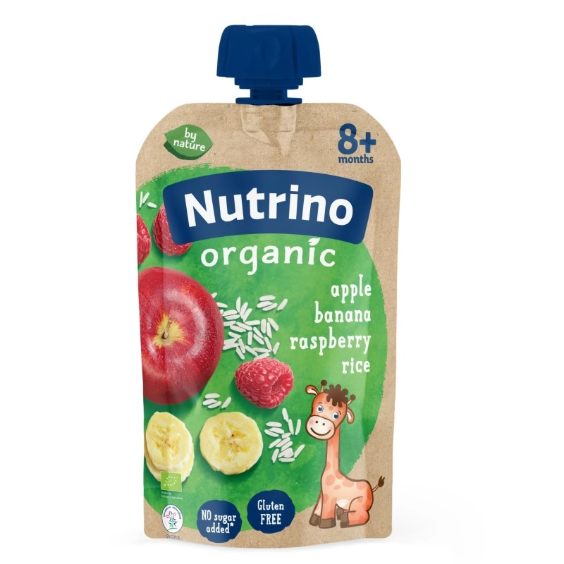 Nutrino organic voćna kašica – jabuke, banane i maline sa pirinčem i dodatkom vitamina C, 100 g