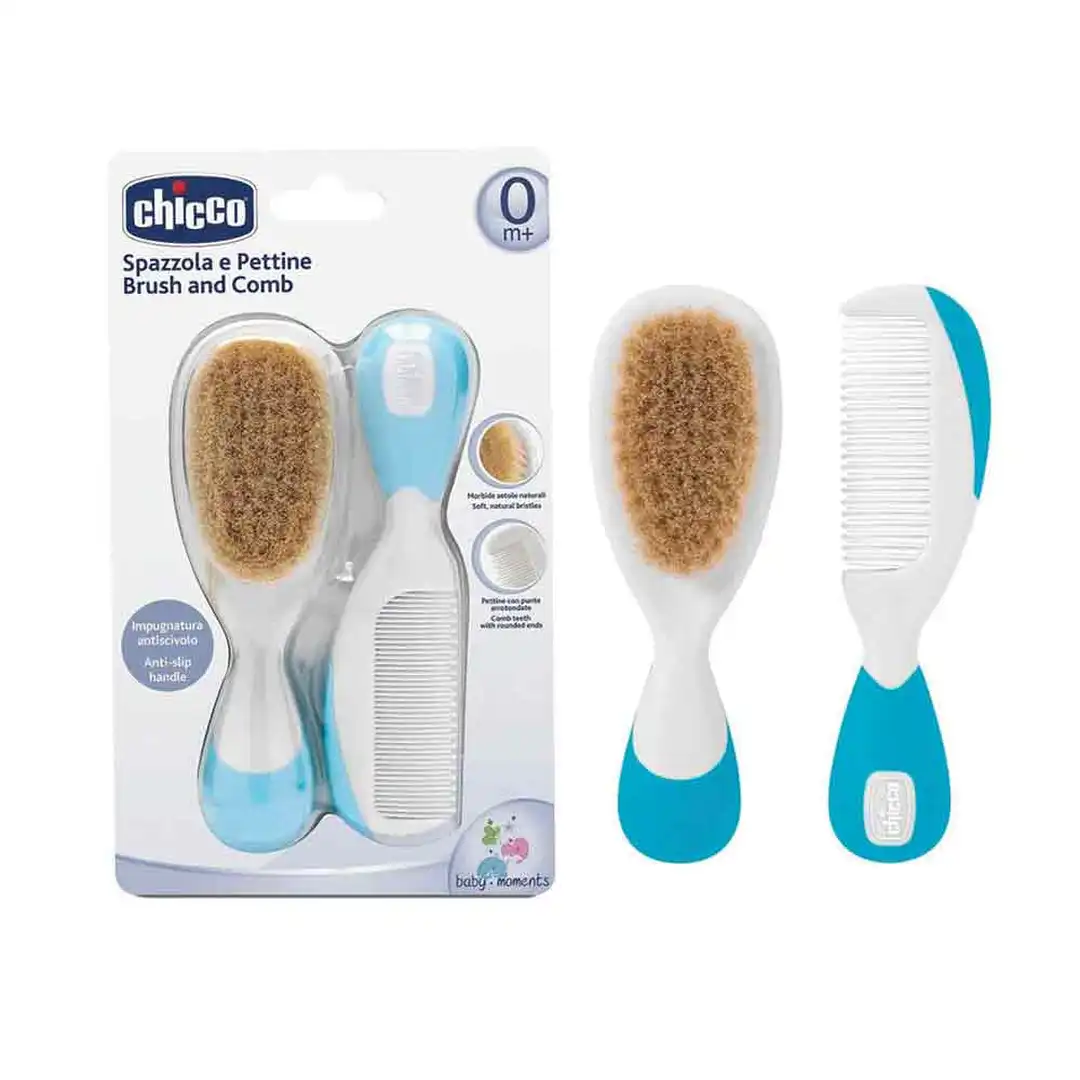 Chicco set češalj i četka od prirodne dlake, plavi