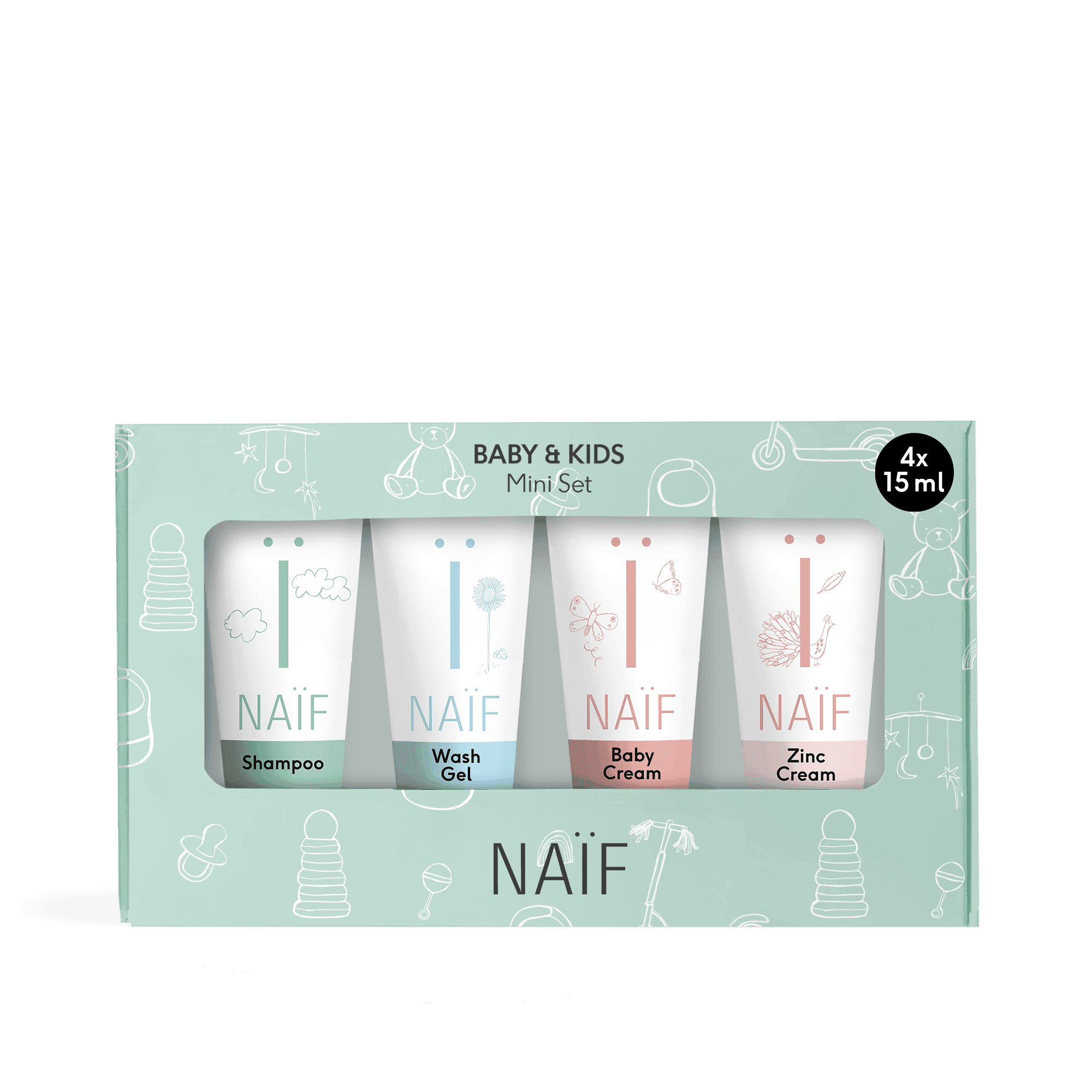 Naif mini set (šampon, gel za kupanje, negujuća krema, losion za telo) 4x15ml