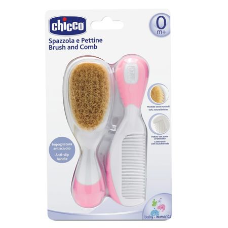 Chicco Set češalj i četka za bebe od prirodne dlake roze