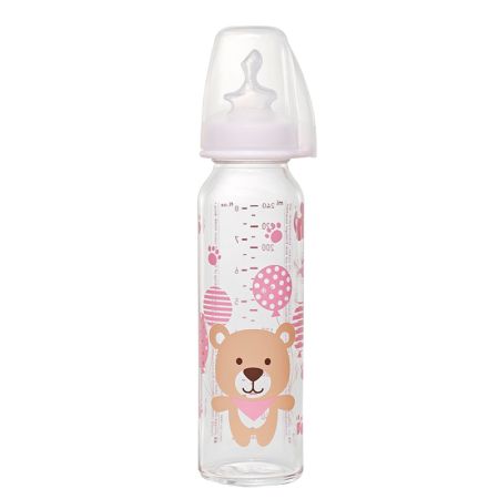 NIP staklena boca sa silikonskom cuclom 0m+ 250ml devojčice