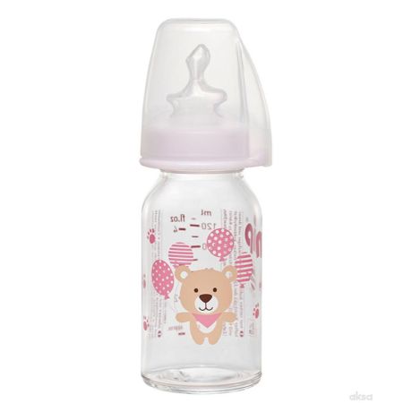 NIP staklena boca sa silikonskom cuclom 0m+ 125ml devojčice