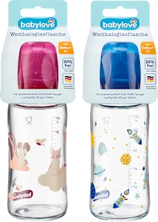 Babylove staklena flašica sa širokim grlom i silikonskom cuclom 240ml